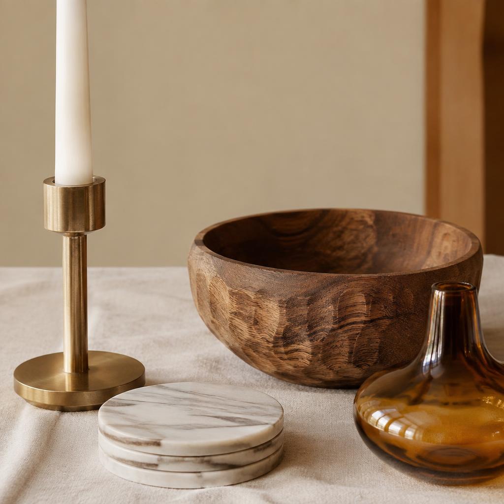 Brass candle holder, marble coasters, carved wooden bowl and amber glass vase
