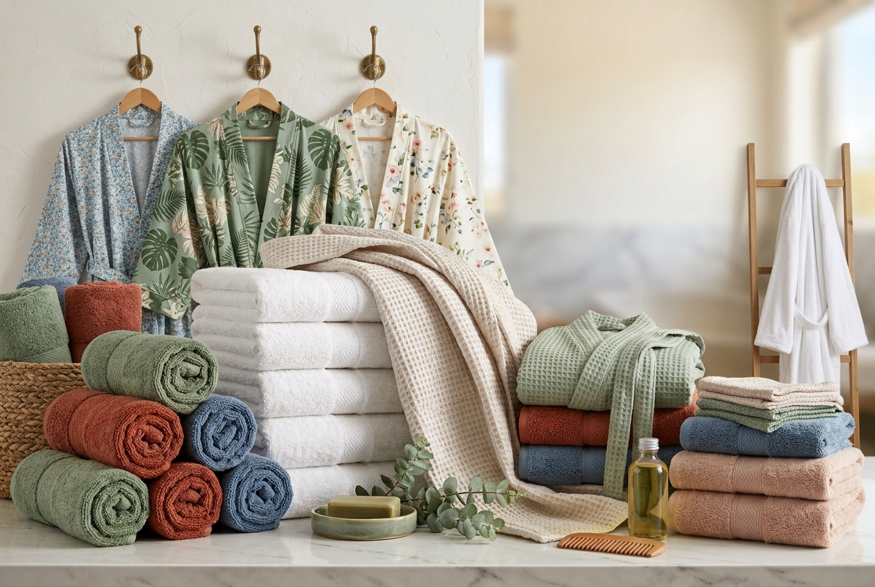 Folded natural cotton and linen goods on a plaster ledge