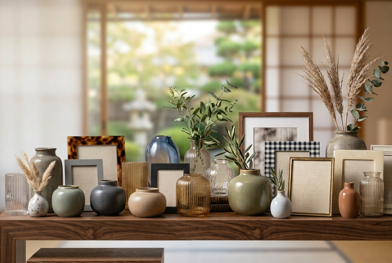 Folded natural cotton and linen goods on a plaster ledge